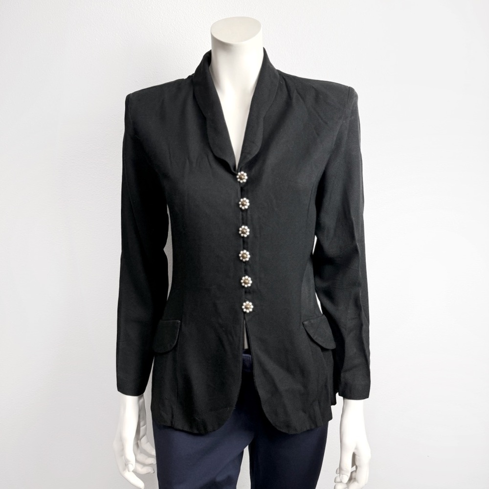 Calendar Petite Vintage Black Button Down Blazer Top Floral Pearl Buttons